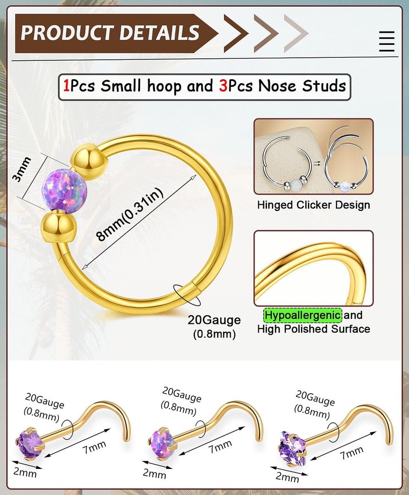 AMASIS Opal Nose Ring Studs Horseshoe Nose Rings Hoops Stud 316L Stainless Steel Nose Rings Round CZ Square Screw L Shaped Nose Stud Hypoallergenic Nostril Piercing Jewelry for Women Men - Image 2